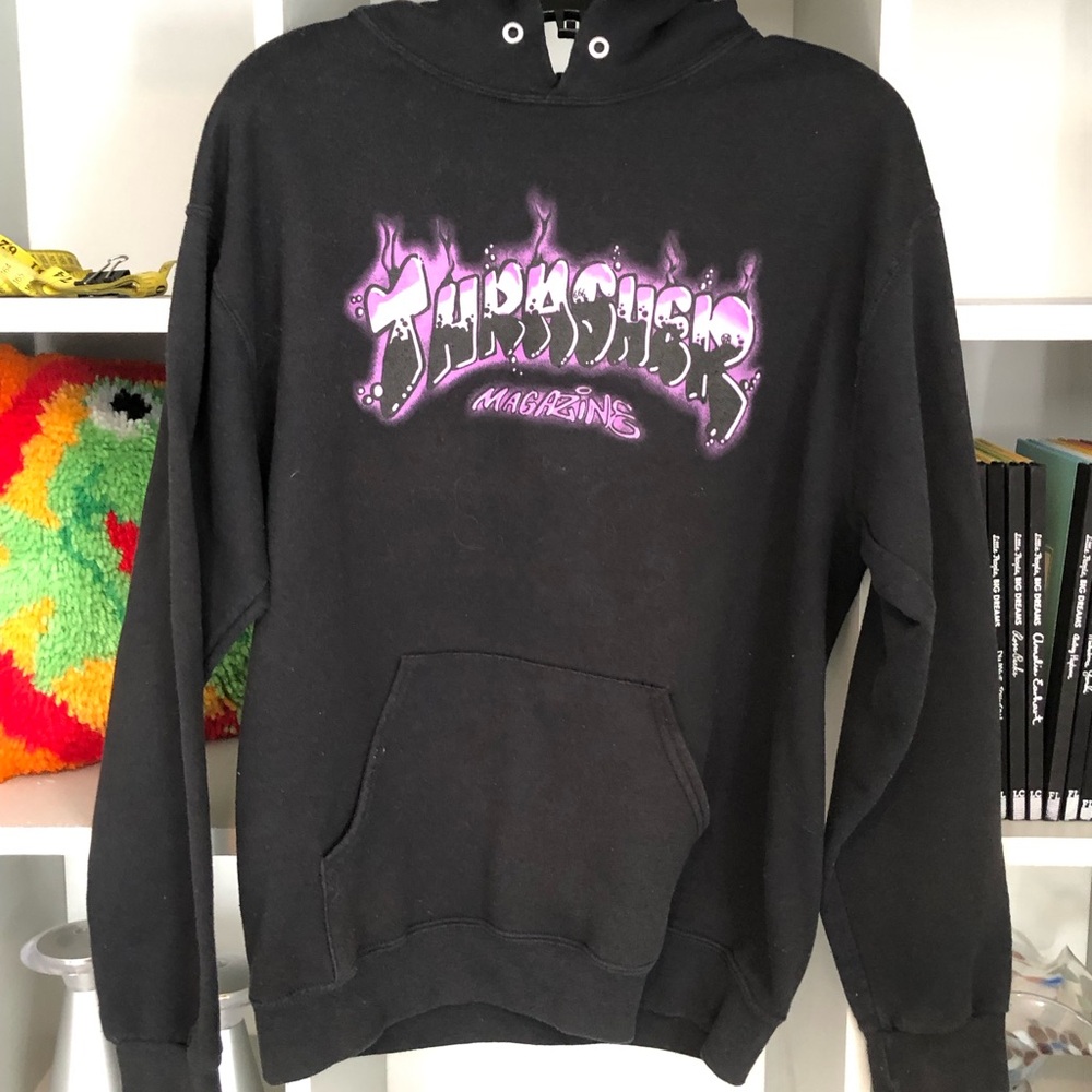 Thrasher Black Crewneck Hoodie with Purple Flame Logo